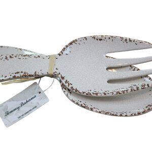 Tommy Bahama Ivory Rustic Crackle Salad Fork Spoon Serving Set Melamine 11" NWT